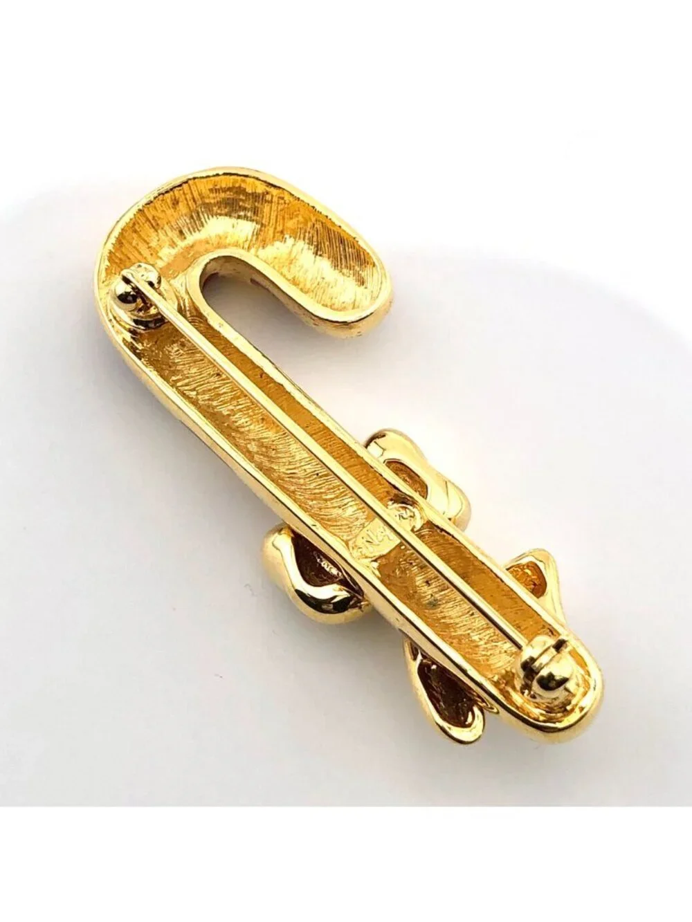 Napier Candy Cane Christmas Pin Brooch Gold Tone Red Enamel Bow Signed Vintage